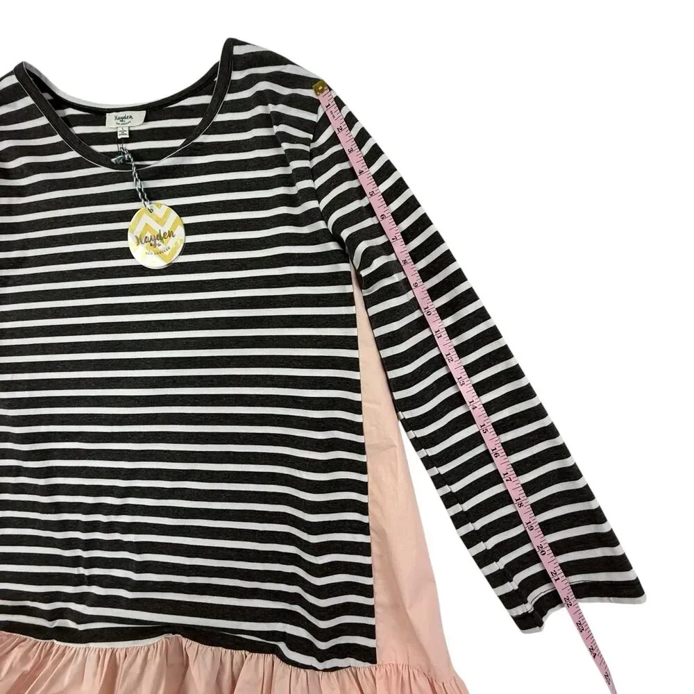NEW Hayden Long Sleeve Striped Top Women Large Black Pink Ruffles Tunic